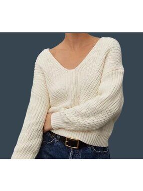 Maeve By Anthropologie Womens Ivory Sculpted Oversized Knit Sweater V-Neck Small
